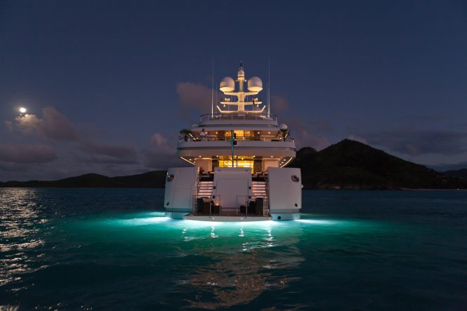 Superyacht RoMA - Swim platform seating at night