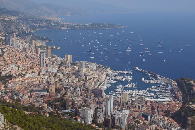 Superyachts gathering at the Monte Carlo marina ahead of the Monaco Yacht Show. Image credit Didier Didairbus