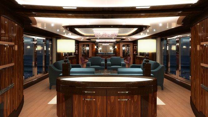 The open plan main salon and formal dining area aboard Conrad superyacht C133