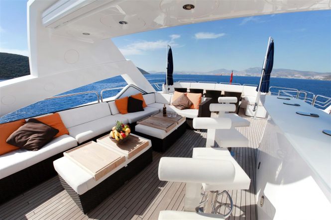 The sundeck bar and lounge aboard motor yacht BARRACUDA RED SEA