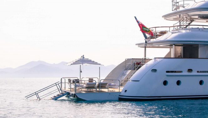 The swim platform and beach club aboard luxury yacht PRIDE