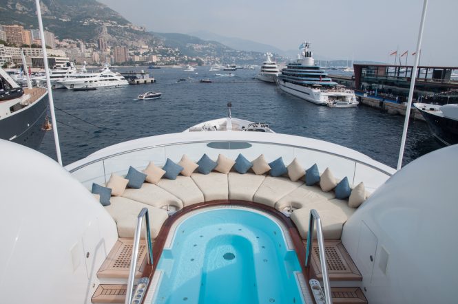 Anastasia at the Monaco Yacht Show 2017 - View of the mega yacht Jubilee in the background