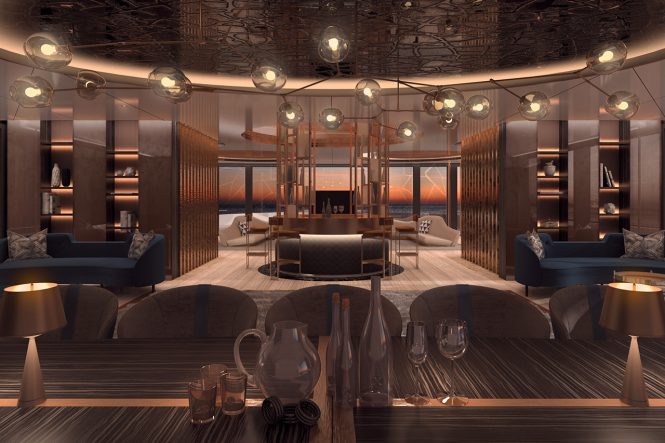 Motor yacht LINEA - Formal dining area and bar leading into the main salon