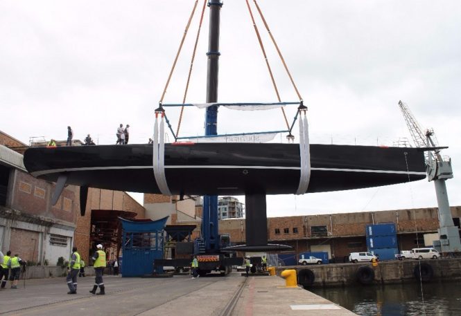 Sailing yacht SATISFACTION preparing for launch at the Southern Wind facilities