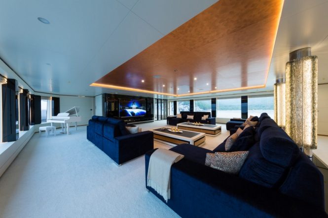 Skylounge cinema and piano aboard luxury yacht IRIMARI