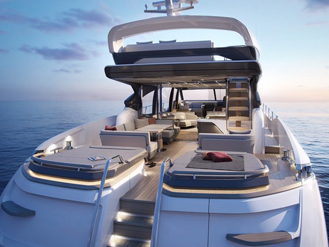 The aft deck salon and sunpads of the S78