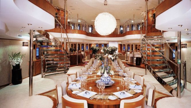 Opulent dining area aboard SHERAKHAN