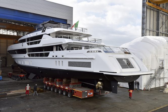 Motor yacht Sanlorenzo 52Steel Hull 2 exiting shed for the first time - Credit Sanlorenzo