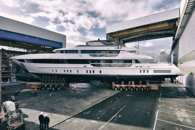 Sanlorenzo 52Steel hull 2 exiting shed for the first time - Credit Sanlorenzo