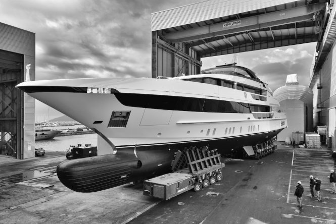 Superyacht Sanlorenzo 52Steel hull 2 exiting shed for the first time - Credit Sanlorenzo