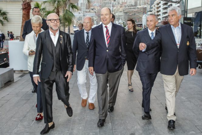 Riva 110' Dolcevita World Première. From left: Guilherme Siqueira; Domenico Dolce; S.M. Prince Alberto II di Monaco; Alberto Galassi; Bernard D’Alessandri