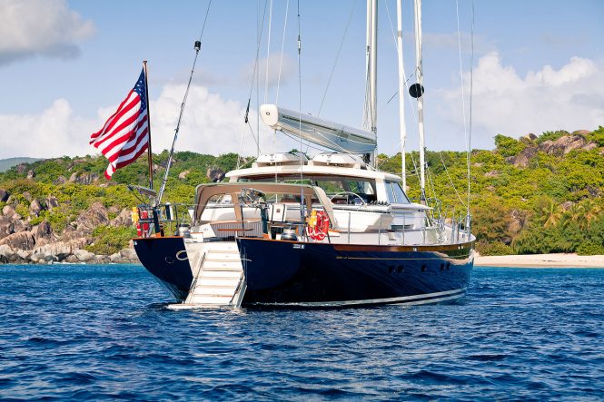 Aft view of MARAE at anchor