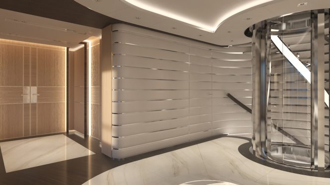 Staircase and elevator aboard PROJECT COSMOS - Sinot Exclusive Yacht Design