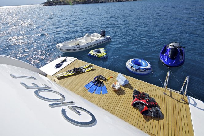 Swim platform with water toys to enjoy throughout the charter