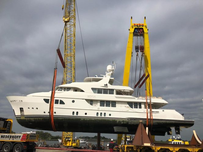 42m motor yacht SOFIA getting ready for a refit at Moonen Yachts