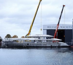 Motor yacht Project Electra hull and superstructure joined at Heesen