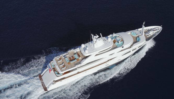Motor yacht Ramble on Rose aerial view fo the vessel with great deck spaces