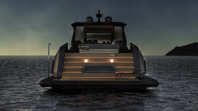 MAZU 82 motor yacht swim platform at night - rendering - © Mazu Yachts