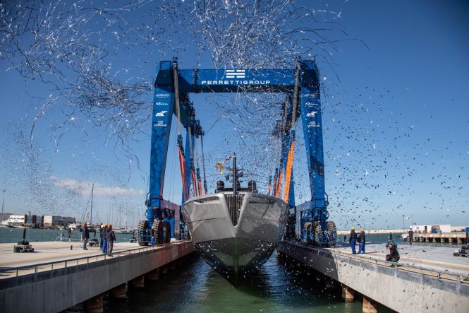 Pershing 140 yacht CHORUSLINE launch ceremony