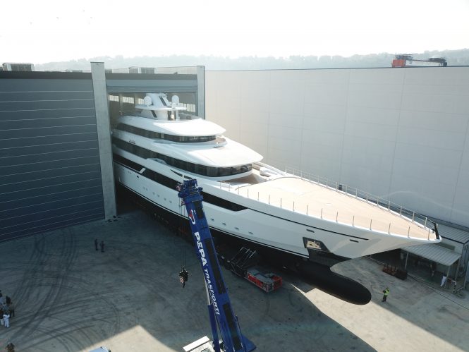 80m Columbus Classic superyacht DRAGON leaving shed in Ancona - Photo © Columbus Yachts
