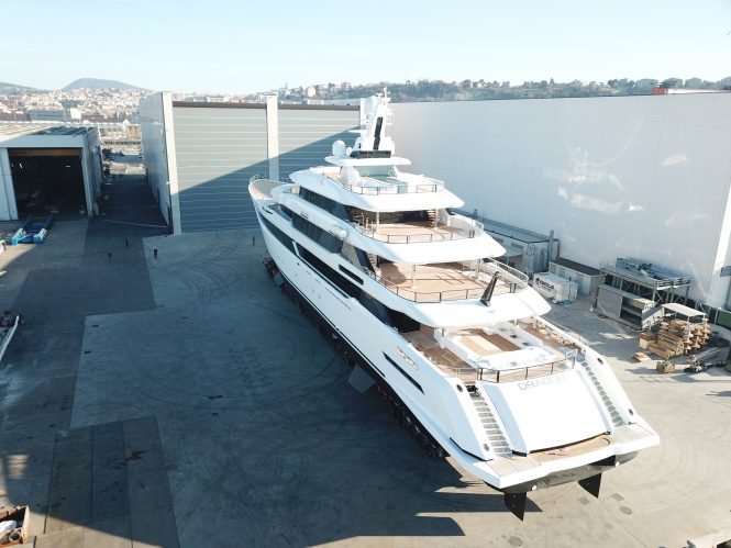 Aft view of DRAGON outside of the shed at Palumbo Shipyards in Ancona - Photo © Columbus Yachts