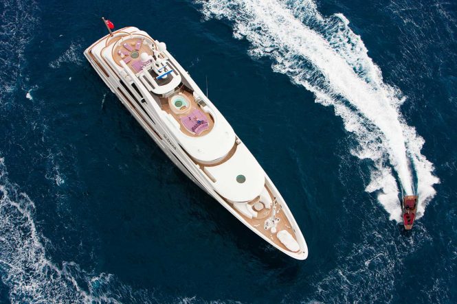 Luxurious superyacht ST DAVID as viewed from above with all the amazing amenities and spaces on board