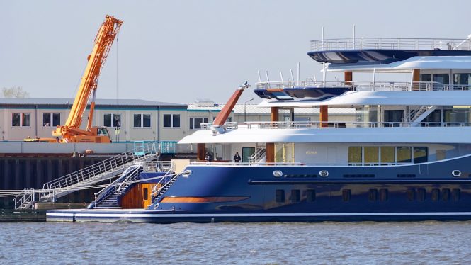 The transom of mega yacht TIS boasting a large beach club - Photo © DrDuu