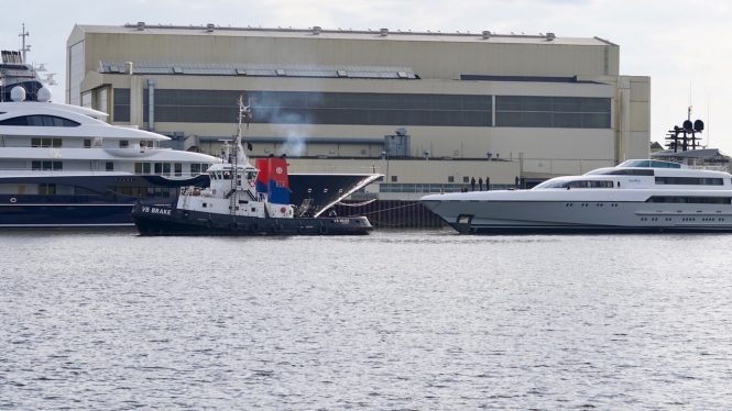 MOTOR YACHT DRAGONFLY leaves Lurssen after refit - Photo DrDuu