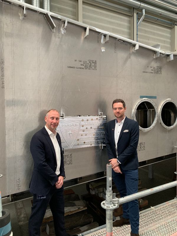 Winch Design's Jim Dixon (Director, Yachts and Aviation) and James Russell (Associate, Yacht Exteriors) during 80m Cosmos yacht keel laying