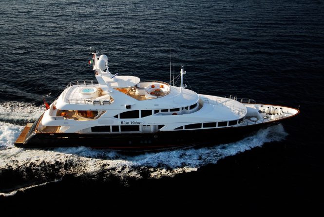 Aerial view of the superyacht Blue Vision cruising the Mediterranean