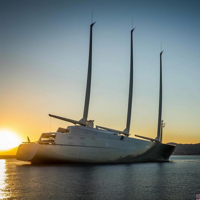 Sailing yacht 'A' by Nobiskrug at sunset. Photo credit Superyachts Gibraltar