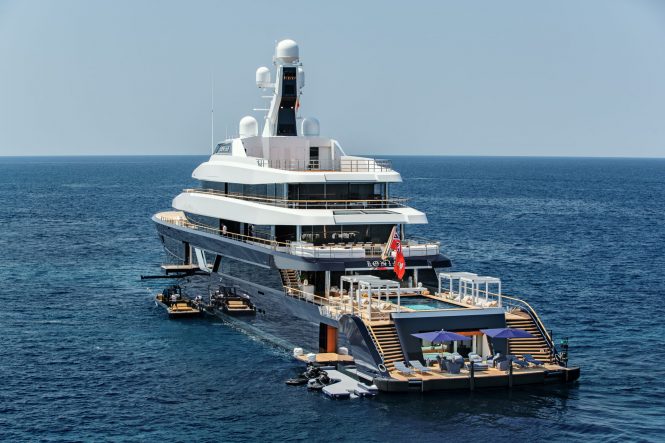 At anchor with opened beach club and toys - Photo © Feadship