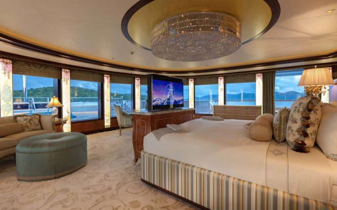 Master stateroom with a private deck area