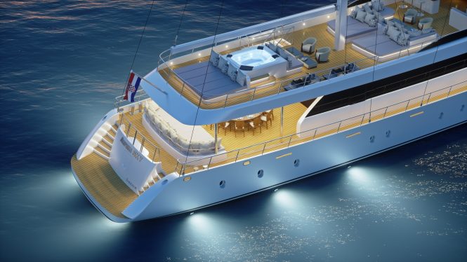 aft deck lit in the evening - rendering