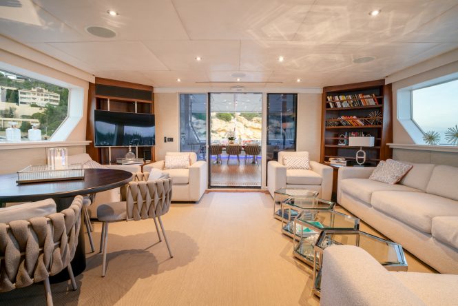 Spacious saloon looking out onto the aft deck