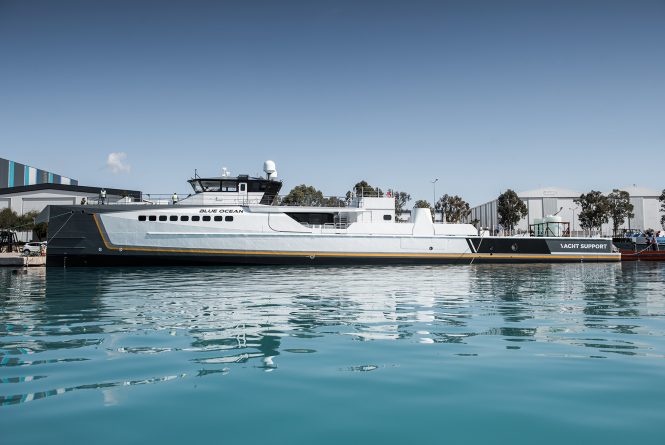 55m Yacht Support Vessel BLUE OCEAN hits water at Damen