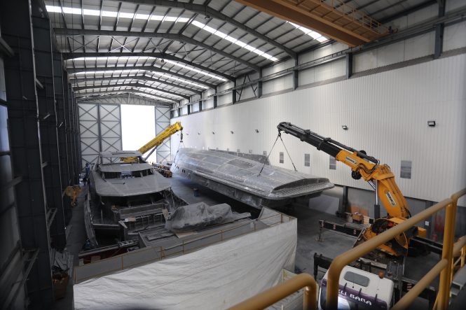 36m shadow yacht by Alia Yachts to Project PHI superyacht by Royal Huisman hull turning