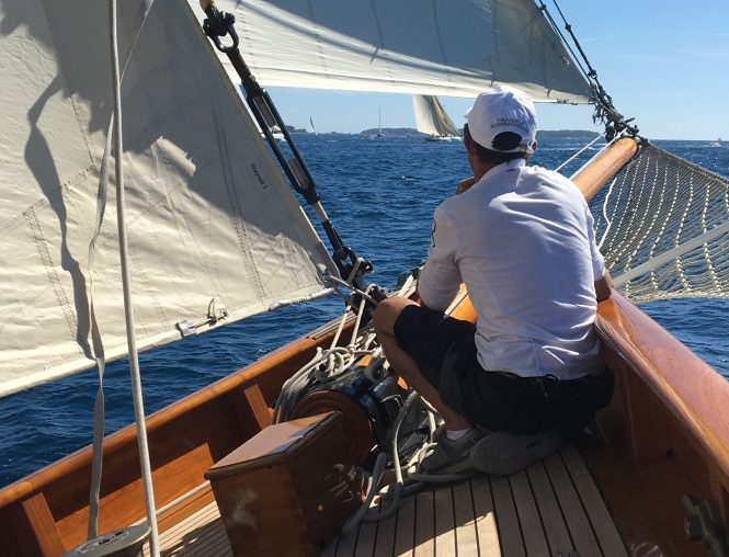 Classic sailing yacht Moonbeam Of Fife - crew aboard during regatta