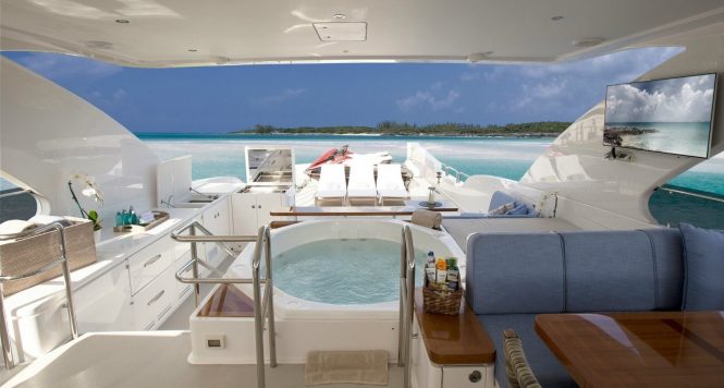 Great flybridge with Jacuzz, seating and a barbecue area