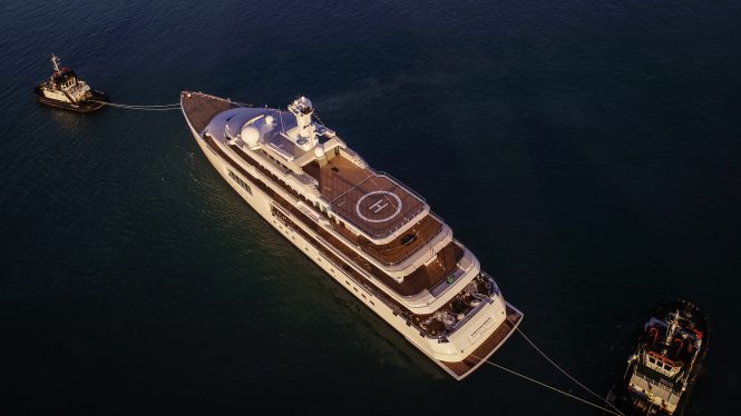 Aerial view of LUMINOSITY following her launch at Benetti