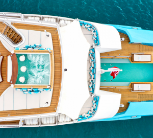 72m Charter yacht Axioma: striking turquoise hull, swimming pool and luxury lifestyle
