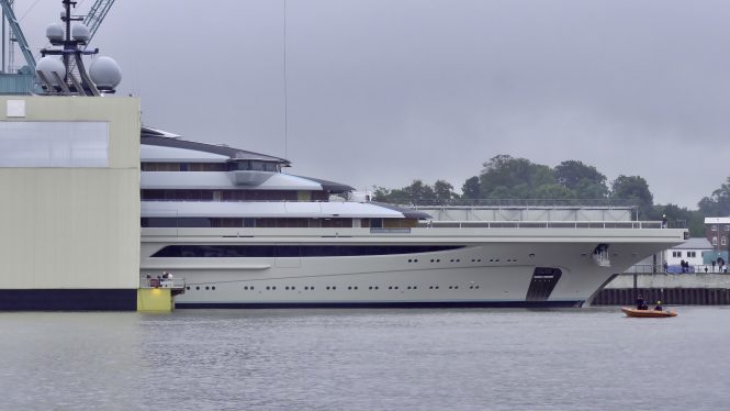 Floating mega yacht OPUS out of the shed at Lurssen in Germany -Photo © DrDuu