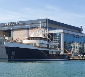 Explorer yacht Blue II leaves Turquoise Yachts shipyard on maiden voyage