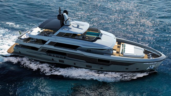 aerial view of the 38m EXT model rendering by Rosetti Yachts - sistership rendering