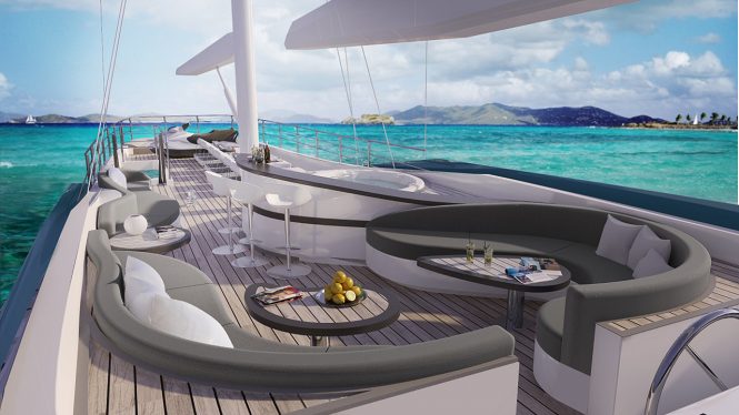Spacious sun deck with Jacuzzi and plenty of seating