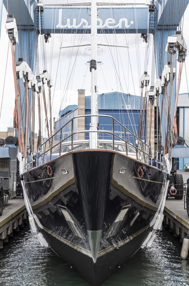 Morning Glory launch at Lusben shipyard - bow