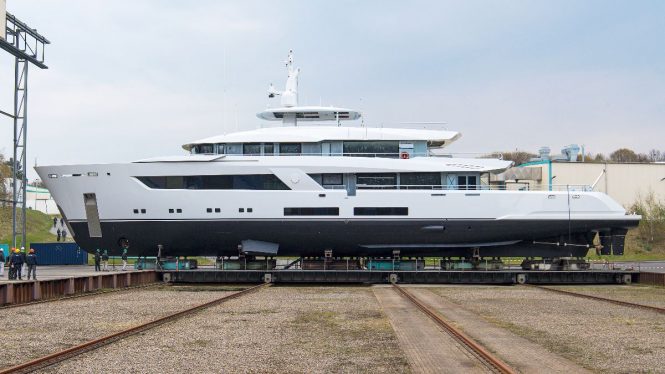 Project 13800 by Lurssen and designed by Bannenberg & Rowell ready to be launched  © Klaus Jordan
