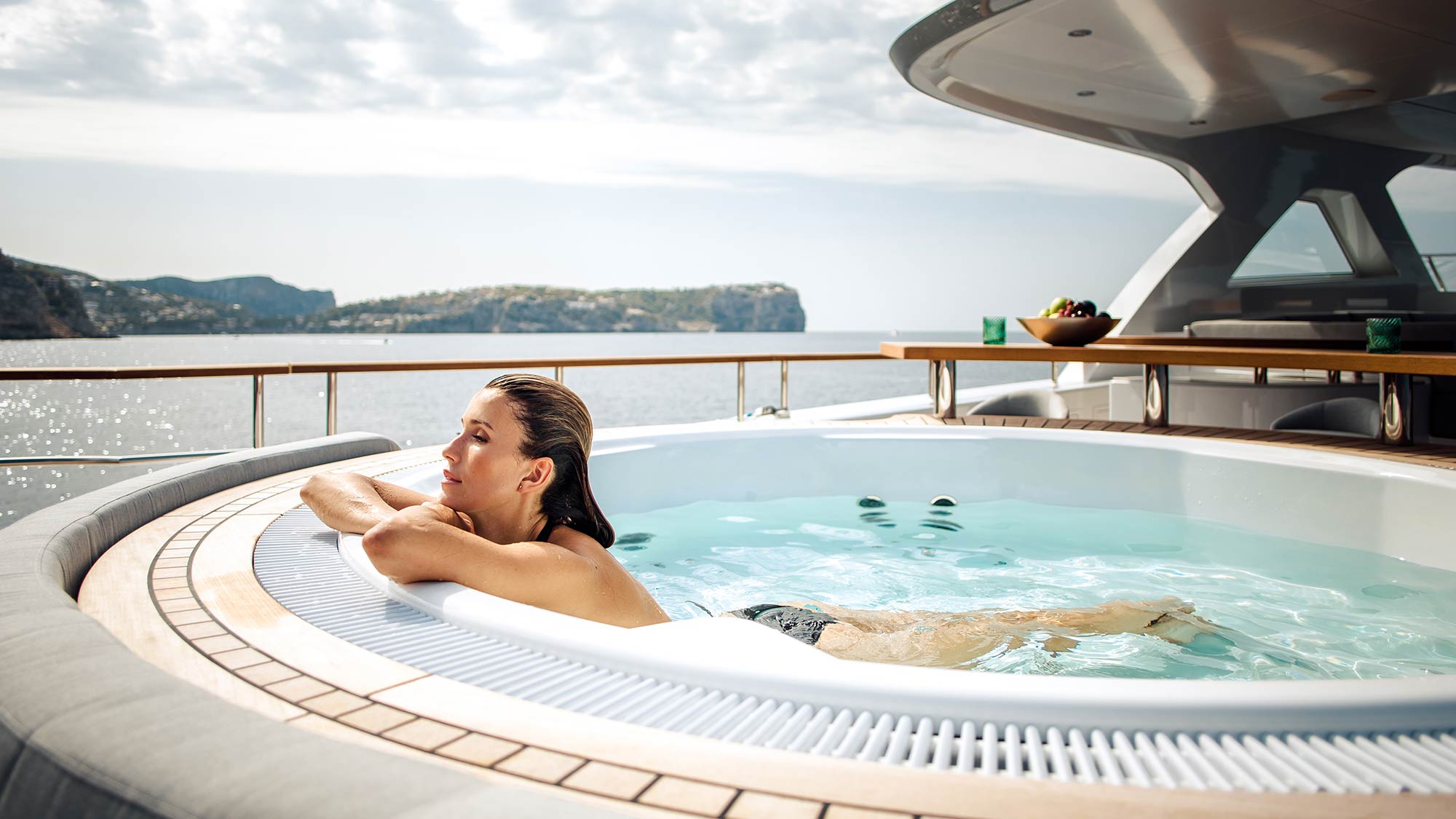 Relaxing in the Jacuzzi aboard Mediterranean charter yacht DELTA ONE
