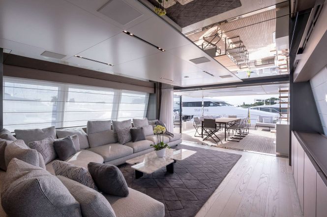 Saloon looking onto the aft deck with alfresco dining area