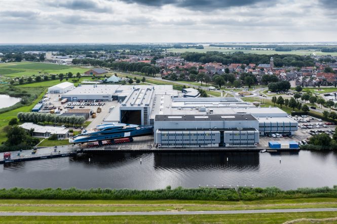 Royal Huisman project 403 PHI leaving shed - photo Tom van Oossanen